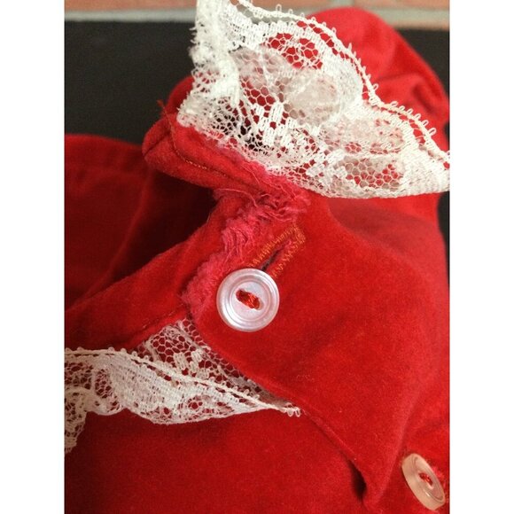 Vintage Baby Girl's Velvet Embroidered Smocked Dress Short Sleeve Red Lace Trim - Picture 6 of 8